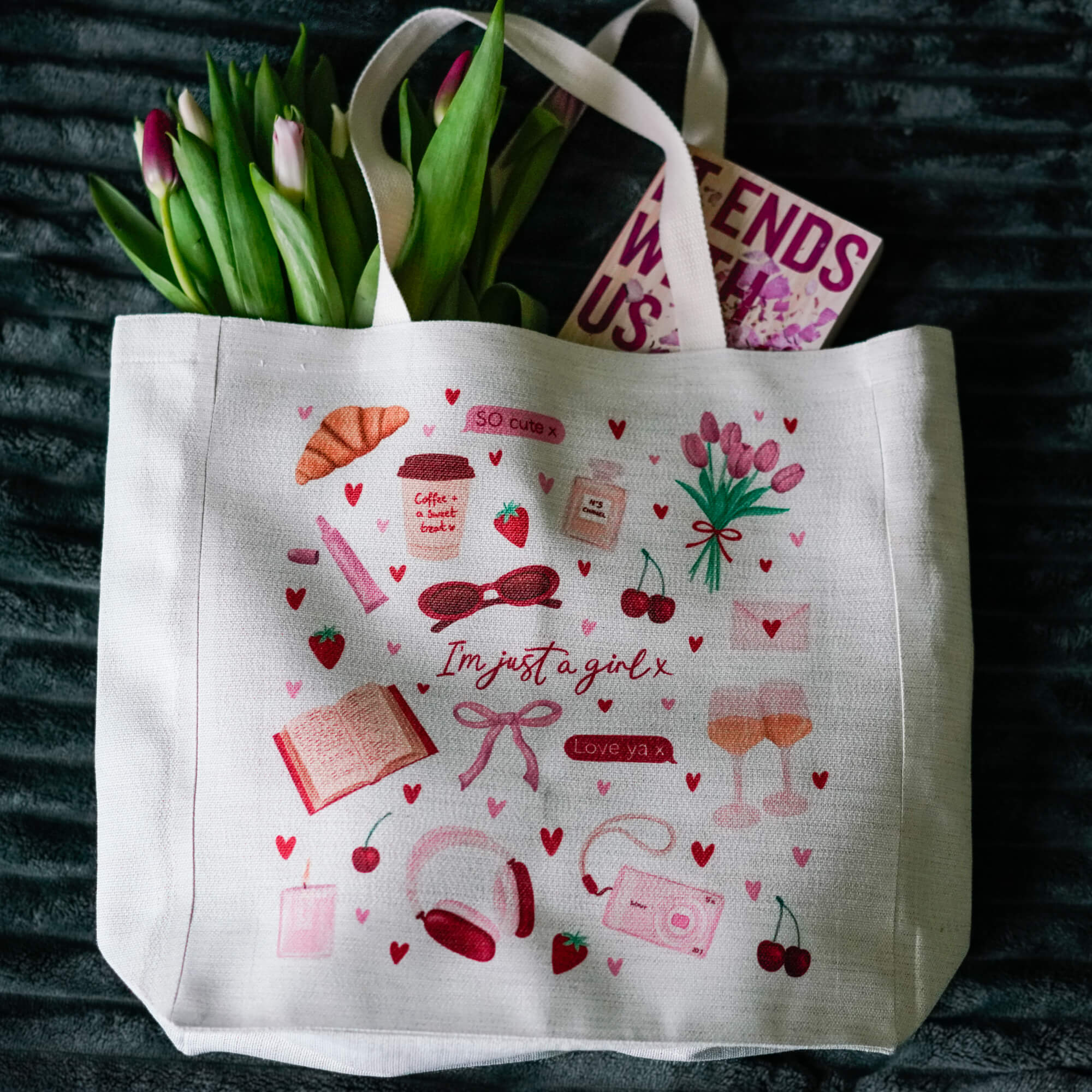 Girly large linen tote bag