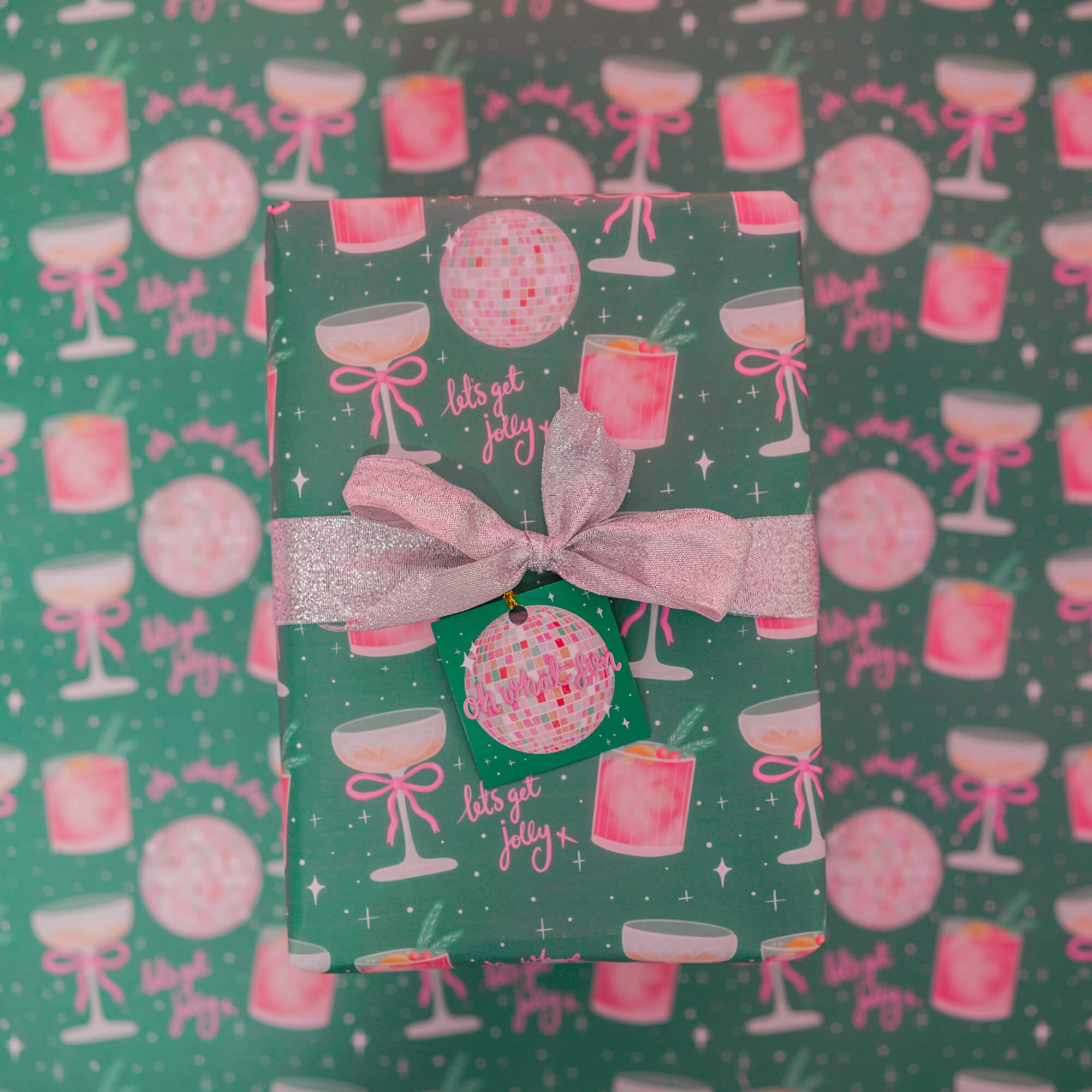 Christmas Cocktails & Disco Ball Gift Wrap with Tag